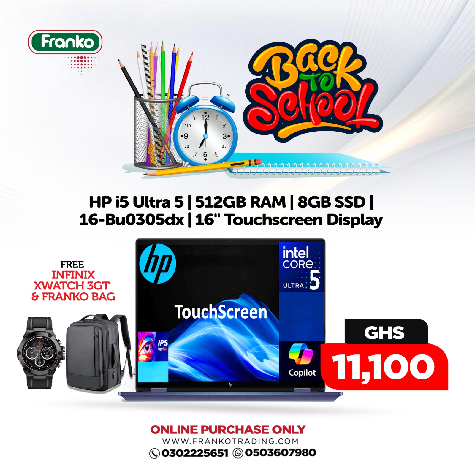 HP i5 | Ultra 5 | 512GB RAM | 8GB SSD | 16-Bu0305dx | 16" Display Touchscreen-Infinix Xwatch 3GT Plus Free Franko Bag